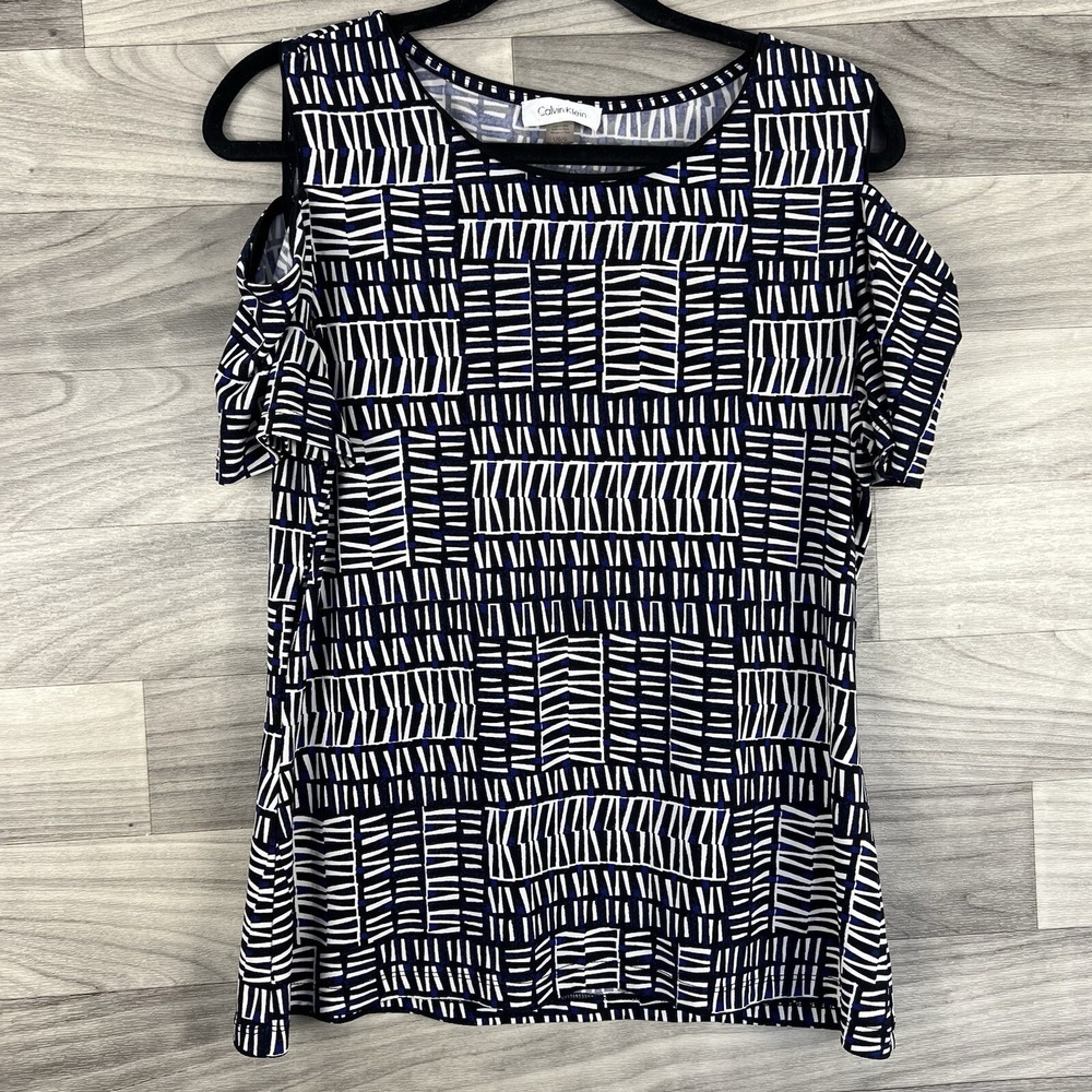 Calvin Klein Blouse Shirt Womens Large‎ Black Blue Cold Shoulder Stretch Career
